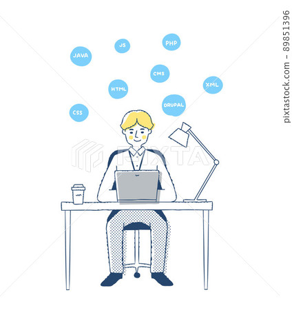 Programming terminology with men doing programmer / desk work Programming terminology with men doing programmer / desk work 89851396