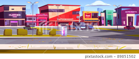 City street with shops, cafe and car parking 89851502