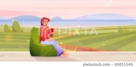 Woman rest on house terrace with view to fields Woman rest on house terrace with view to fields 89851549