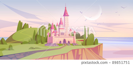 Pink magic castle on green sea cliff at morning 89851751