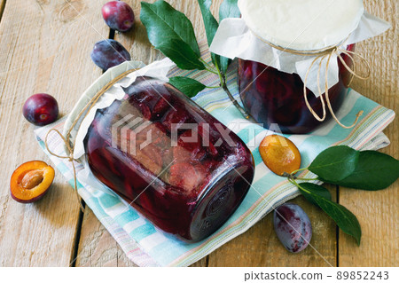 Plum canned plum juice cans on a wooden table Plum canned plum juice cans on a wooden table 89852243