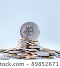 Bitcoin BTC Cryptocurrency Coins. Stock Market Concept. Exchange bitcoin cash for a money. Cryptocurrency on coins. Digital modern method of payment. Savings, investments concept 89852671