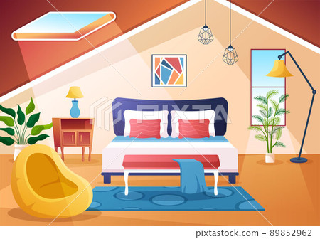 Cozy Bedroom Interior with Furniture Like Bed, Wardrobe, Bedside Table, Vase, Chandelier in Modern Style in Cartoon Vector Illustration Cozy Bedroom Interior with Furniture Like Bed, Wardrobe, Bedside Table, Vase, Chandelier in Modern Style in Cartoon Vector Illustration 89852962