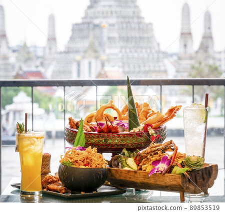 Thai food with Arun temple background Thai food with Arun temple background 89853519