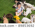 Asian cute boy sucking fingers and crying on the lawn among the surrounding rabbits 89853692