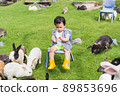 Asian cute boy Happy sitting in a chair among the bunnies. 89853696