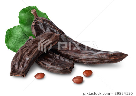 Ripe carob pods and bean isolated on white background with clipping path and full depth of field Ripe carob pods and bean isolated on white background with clipping path and full depth of field 89854150