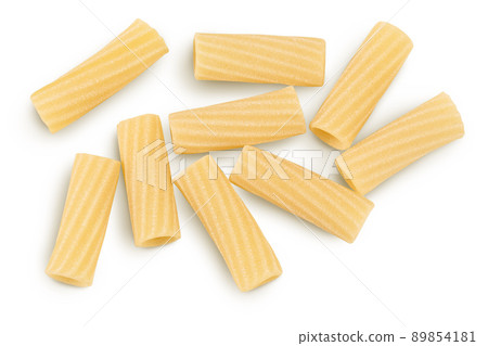 raw italian tortiglioni pasta isolated on white background with clipping path and full depth of field. Top view. Flat lay 89854181