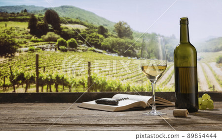 Delight. Still life with wine glasses, bottles, grapes on wooden table in wine cellar. Panoramic window view of lush vineyards at sunset. Delight. Still life with wine glasses, bottles, grapes on wooden table in wine cellar. Panoramic window view of lush vineyards at sunset. 89854444
