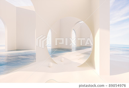 Abstract summer landscape scene with geometric form. ocean beach view. 3d rendering. 89854976