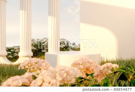 Abstract spring summer landscape scene with geometric form. lake and flower view. 3d rendering. Abstract spring summer landscape scene with geometric form. lake and flower view. 3d rendering. 89854977