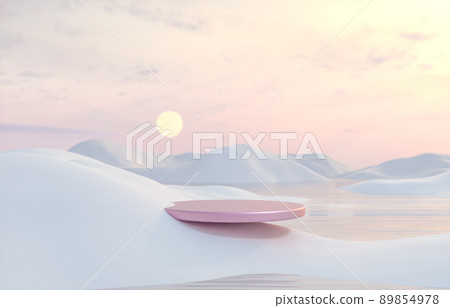 Abstract Winter landscape scene with a podium for product display. 3d rendering. Abstract Winter landscape scene with a podium for product display. 3d rendering. 89854978