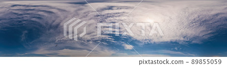 Blue sky panorama with Cirrus clouds. Seamless hdr 360 degree pano in spherical equirectangular format. Complete zenith for 3D visualization, game and sky replacement for aerial drone 360 panoramas. Blue sky panorama with Cirrus clouds. Seamless hdr 360 degree pano in spherical equirectangular format. Complete zenith for 3D visualization, game and sky replacement for aerial drone 360 panoramas. 89855059