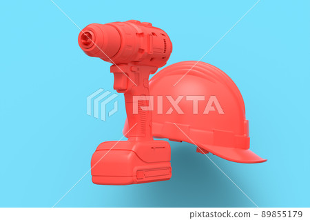 Set of cordless drill or screwdrivers with hard head helmet on blue background Set of cordless drill or screwdrivers with hard head helmet on blue background 89855179
