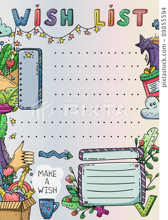 Vector doodle template with creative illustrations and lettering. Wish list, dreams. 89855594