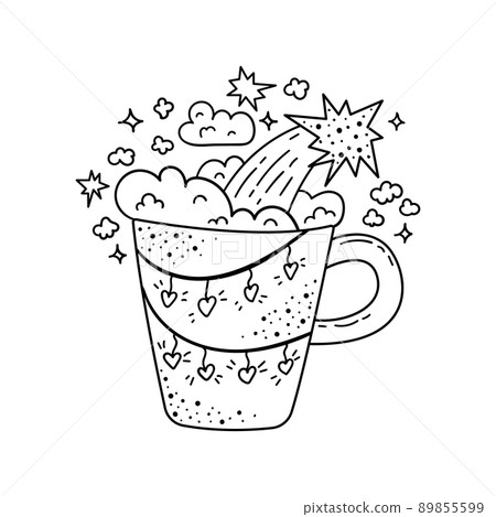 Doodle illustration of a magic cup with stars and clouds. Cartoon illustration. Doodle illustration of a magic cup with stars and clouds. Cartoon illustration. 89855599