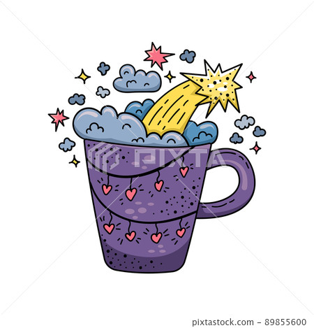 Doodle illustration of a magic cup with stars and clouds. Cartoon illustration. Doodle illustration of a magic cup with stars and clouds. Cartoon illustration. 89855600