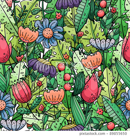 Hand drawn vector seamless pattern with doodles illustrations. Flowers and plants. Decorative floral background. Hand drawn vector seamless pattern with doodles illustrations. Flowers and plants. Decorative floral background. 89855650