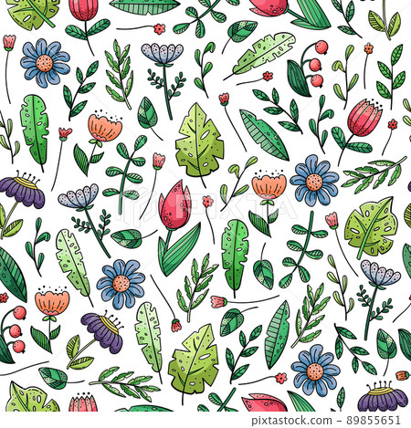 Hand drawn vector seamless pattern with doodles illustrations. Flowers and plants. Decorative floral background. 89855651
