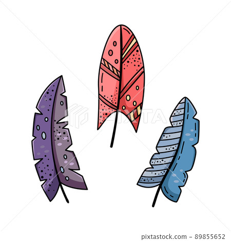 A set of doodle illustrations of bright cartoon feathers. A set of elements for the design. A set of doodle illustrations of bright cartoon feathers. A set of elements for the design. 89855652