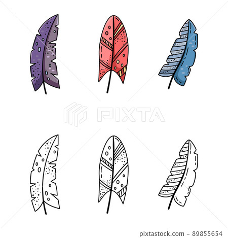 A set of doodle illustrations of bright cartoon feathers. A set of elements for the design. A set of doodle illustrations of bright cartoon feathers. A set of elements for the design. 89855654