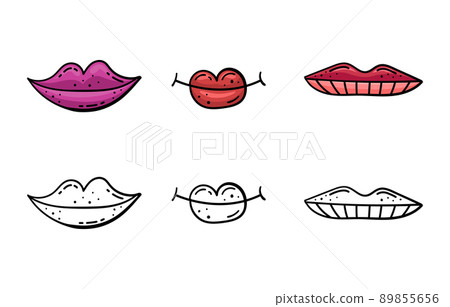 Set of doodle illustrations of cartoon lips. Bright painted lips. 89855656