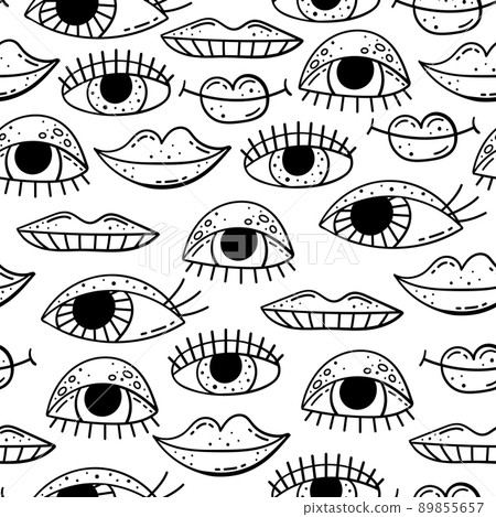 Hand drawn vector seamless pattern with doodles illustrations. Eyes and lips. Decorative background. 89855657