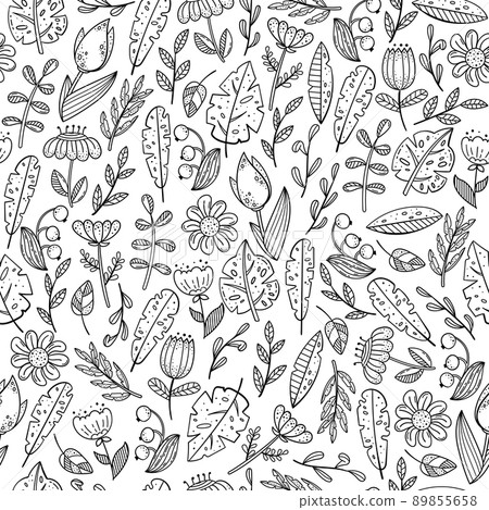 Hand drawn vector seamless pattern with doodles illustrations. Flowers and plants. Decorative floral background. Hand drawn vector seamless pattern with doodles illustrations. Flowers and plants. Decorative floral background. 89855658