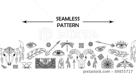 Horizontal vector seamless pattern with boho elements. Horizontal vector seamless pattern with boho elements. 89855717