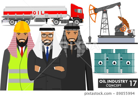 Oil industry concept. Detailed illustration of gasoline truck, oil pump, barrels and arab muslim businessman in flat style on white background. Vector illustration. 89855994