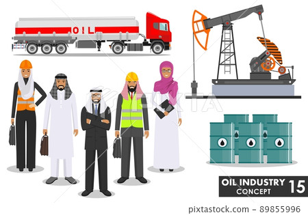 Oil industry concept. Detailed illustration of gasoline truck, oil pump, arab muslim businessman and businesswoman in flat style on white background. Vector illustration. Oil industry concept. Detailed illustration of gasoline truck, oil pump, arab muslim businessman and businesswoman in flat style on white background. Vector illustration. 89855996