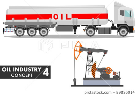 Oil industry concept. Detailed illustration of gasoline truck and oil pump in flat style on white background. Vector illustration. Oil industry concept. Detailed illustration of gasoline truck and oil pump in flat style on white background. Vector illustration. 89856014