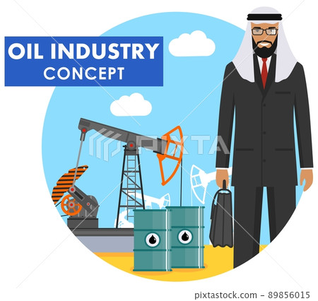 Oil industry concept. Detailed illustration of arab muslim businessman on background with oil pump and metal barrels with fuel in flat style on white background. Vector illustration. Oil industry concept. Detailed illustration of arab muslim businessman on background with oil pump and metal barrels with fuel in flat style on white background. Vector illustration. 89856015