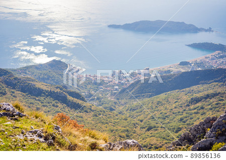 Panoramic view of the city of Budva, Montenegro. Beautiful view from the mountains to the Adriatic Sea Panoramic view of the city of Budva, Montenegro. Beautiful view from the mountains to the Adriatic Sea 89856136