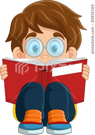 Cartoon little boy sitting and reading a book 89856169