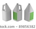 Set with white plastic gallons jug isolated on background. Round Handled Bottle 4L or 1 Gallon. 3D render 89856382