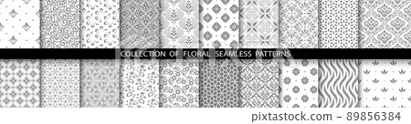 Geometric floral set of seamless patterns. White and gray vector backgrounds. Simple illustrations 89856384