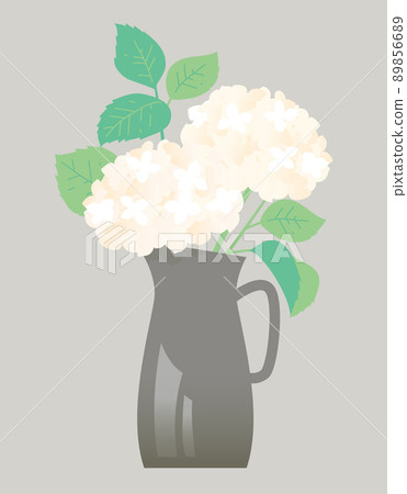 Illustration of white hydrangea flowers in a black pottery vase 89856689