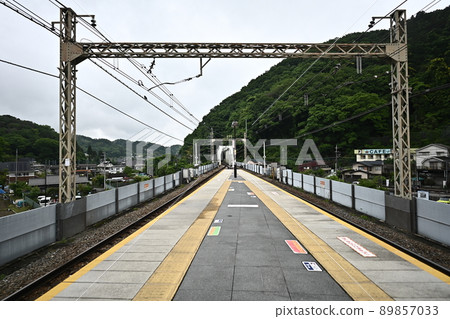 無人的終點站月台，四周綠意盎然，下著細雨淅淅瀝瀝，眼前有一座鐵橋和一條隧道。 89857033