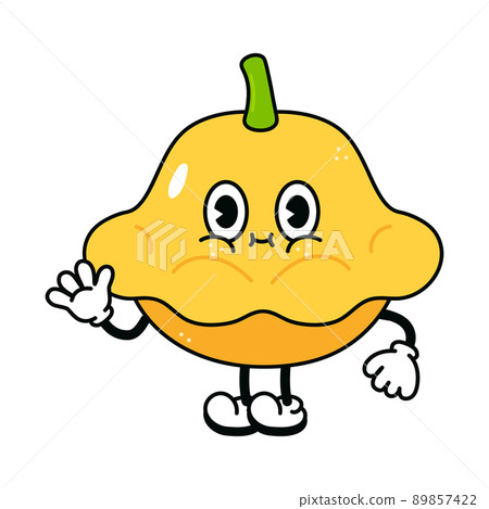 Cute funny yellow squash waving hand character. Vector hand drawn traditional cartoon vintage, retro, kawaii character illustration icon. Isolated on white background. Yellow squash character 89857422