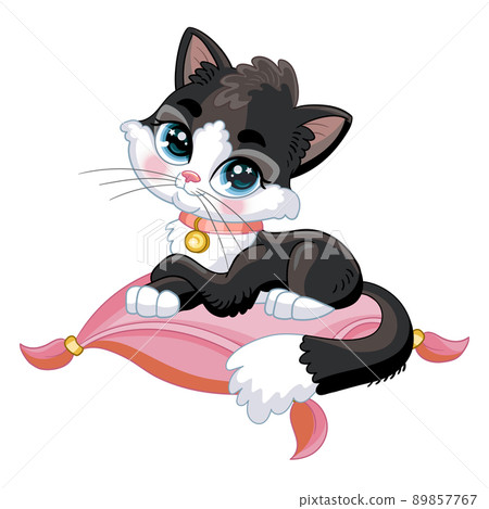 Cute black kitten lying on a pillow cartoon character vector illustration 89857767