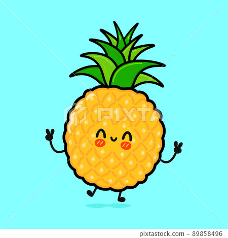 Cute funny pineapple character. Vector hand drawn cartoon kawaii character illustration icon. Isolated on blue background. Happy pineapple character concept 89858496