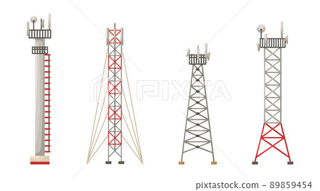 Vector set of illustrations of different constructions of cellular towers. 5G, 4g signal distribution. The Internet. Modern technologies 89859454