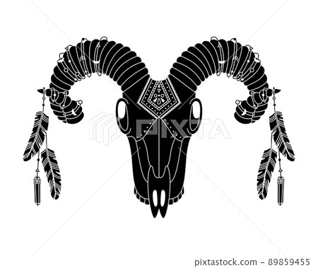 Animal skull in boho style with geometric ornaments and bird feathers. Tribal illustration in simple style. 89859455