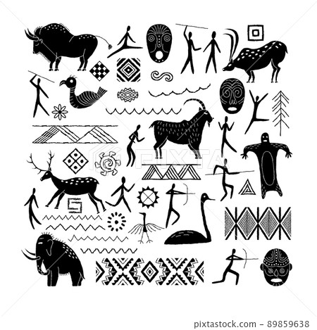 A set of decorative elements from rock art. Prehistoric drawings. Simple style. 89859638