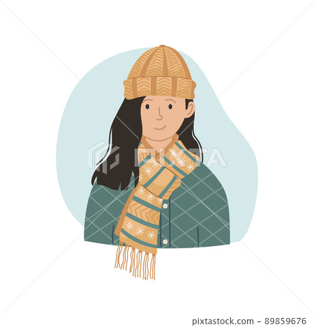 Vector illustration of a girl in a winter knitted hat and scarf. Winter clothing. 89859676