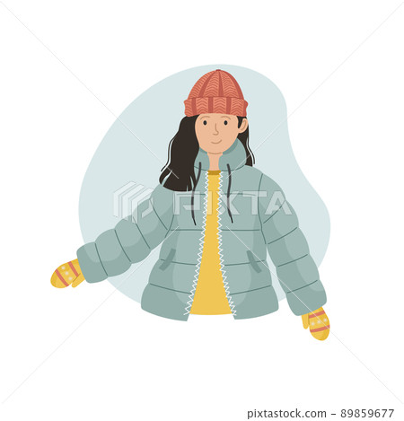 Vector illustration of a girl in a winter sintepon jacket and a knitted hat. Winter clothin Vector illustration of a girl in a winter sintepon jacket and a knitted hat. Winter clothin 89859677