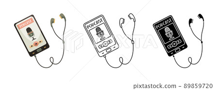 Vector illustration of a smartphone with headphones with a podcast app. Blogging. A modern profession. Outline, simple and flat style illustrations 89859720