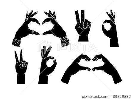 Vector set with illustrations of hand gestures - victory, love gesture, OK. Simple style, outline and flat style woman and man hands 89859823