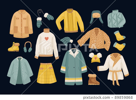 The vector set of winter clothes. Coats, hats, gloves, shoes and socks. The vector set of winter clothes. Coats, hats, gloves, shoes and socks. 89859868